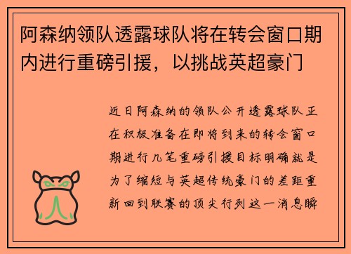 阿森纳领队透露球队将在转会窗口期内进行重磅引援，以挑战英超豪门